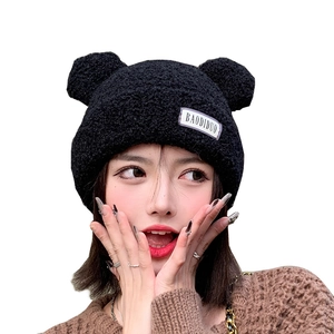 Winter plush knit hat with cute bear ears and brand letter patch in black