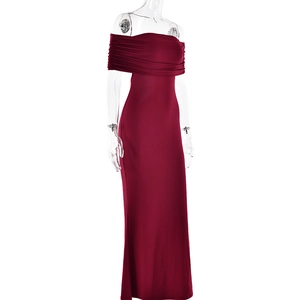 Close-up of sleek burgundy off-shoulder maxi dress with premium elastic fabric detail