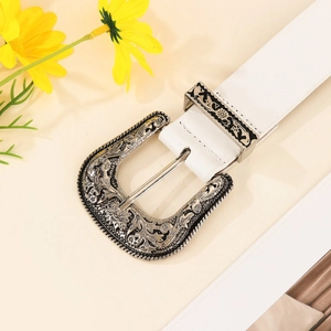 Retro white studded belt with silver engraved pin buckle for jeans fashion styling