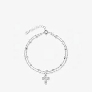 925 Sterling Silver Double Layer Cross Pendant Bracelet With Zirconia Beads Minimalist Jewelry For Women Elegant Gift
