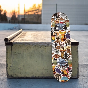 Detail of Western cowboy theme graffiti skateboard with vintage graphics in a skate park