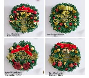 Detail of four 32cm Christmas wreaths with pine needles, red bows, and gold bells