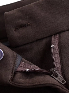 Detail of high-density dark brown fabric texture and durable SBS metal zipper on pants