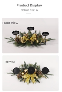 Three-head Christmas candle holder with gold balls, pine cones and bows on black metal frame