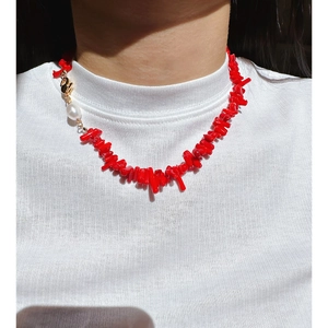 Irregular red coral beads necklace with white freshwater pearl and gold lobster clasp