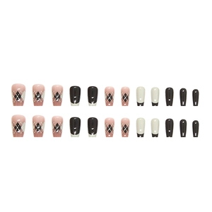 24pcs French press-on nails with plaid patterns and cute cat icons in cream and black colors