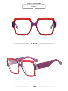 Detail of square oversized vintage sunglasses with purple gradient and glitter textures