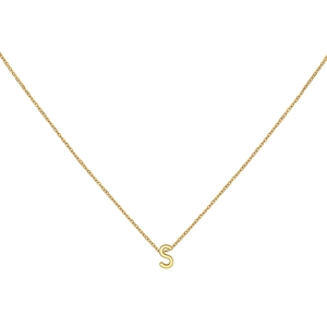 Detailed close-up of 18K gold letter S initial pendant necklace with polished finish