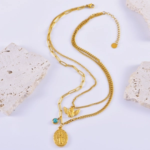 Layered gold vintage cross pearl necklace with blue turquoise and angel pendant charms