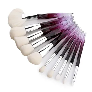 Professional 12-piece crystal makeup brush set with purple diamond handles and soft bristles