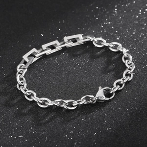 Silver stainless steel O-chain bracelet with rectangular geometric links on black background