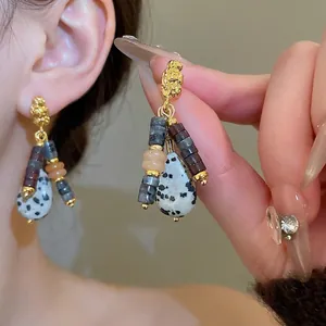 Bohemian Ethnic Drop Earrings With Natural Dalmatian Stone And Colorful Beads 925 Sterling Silver Earring Post
