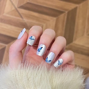 Blue butterfly cat eye press-on nails with pearl white base and square-round shape