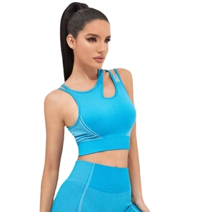 Blue one-shoulder seamless yoga set with breathable white mesh side panels and leggings
