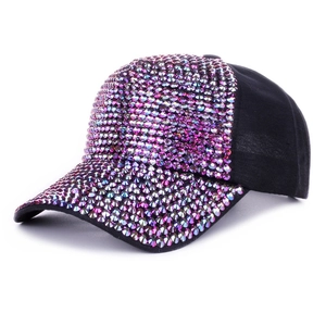 Close-up of black baseball cap decorated with gradient purple and blue rhinestones