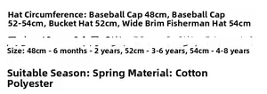 Detailed size guide for children's baseball and sun hats with head circumference info