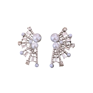 Exaggerated silver fan-shaped earrings with pearls and crystals in a luxury vintage design