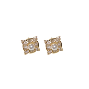Elegant gold square stud earrings with central white pearl and clear zircon stones
