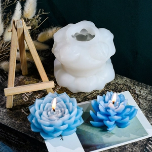 Detail van 3D lotus siliconen mal en blauwe gradiënt geurkaarsen op decoratieve boeken