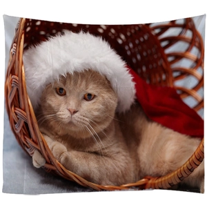 Wall hanging Christmas tapestry featuring a cute orange cat in a cozy festive basket