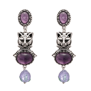 Vintage silver finish cat earrings with purple resin gemstones and textured bead drops