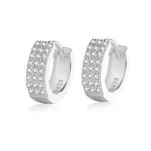 Sparkling S925 sterling silver hoop earrings featuring three rows of micro-pave cubic zirconia