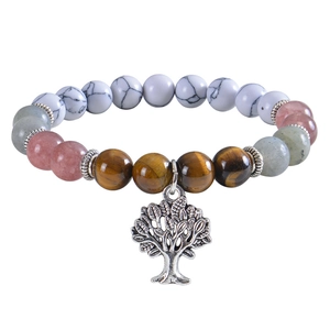 8mm white turquoise and tiger eye stone bead bracelet with silver tree of life charm