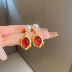 Vintage Baroque style earrings with red oval resin and white pearls in gold frames