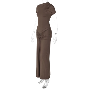 Detail of coffee brown slim fit dress with side ruched drawstring and knit texture