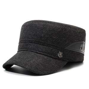 Deep grey wool blend flat top cadet cap for men with ear flaps and metal R-Sport badge