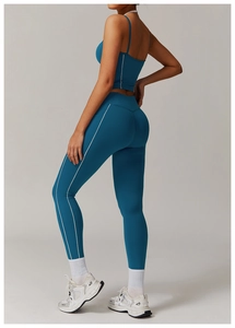 Ensemble de yoga bleu lac pour femmes avec bandes latérales blanches et leggings taille haute