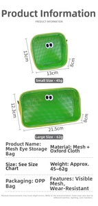 Detail view of green mesh storage bags with eye decor and specific size measurements