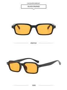Front and side view of retro rectangular sunglasses with black frame and orange lenses