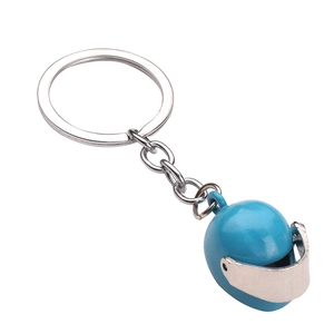 Creative blue motorcycle helmet keychain with movable silver visor and metal ring