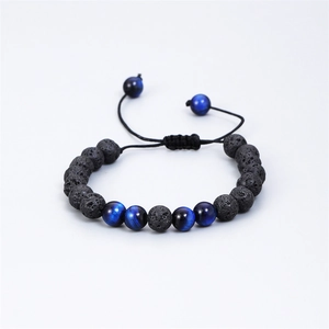 Bracelet en perles d'oeil de tigre bleu et pierre de lave 8mm avec cordon ajustable