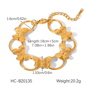 Detailed view of gold butterfly bracelet with 18cm+5cm chain length and size specs