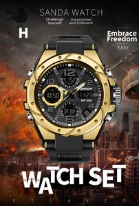 Detail of Sanda black and gold tactical watch with 50M waterproof rating and dual display