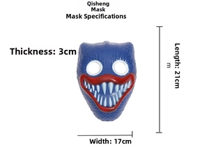 Poppy Playtime Huggy Wuggy blue plush mask dimensions showing 21cm height and 17cm width