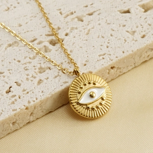 Minimalist 18k gold stainless steel necklace with white evil eye enamel pendant