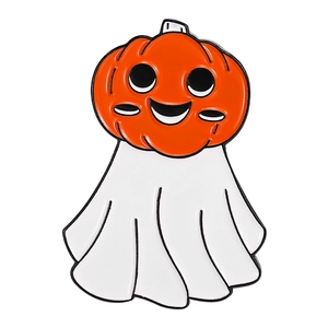 Cute Halloween enamel pin featuring a smiling orange pumpkin and white ghost design