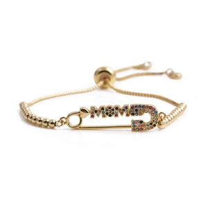 Goldenes MOM Sicherheitsnadel Armband mit bunten Zirkonsteinen und verstellbarer Kette