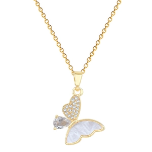 Elegant gold butterfly necklace with shell wings and sparkling zircon crystals for women