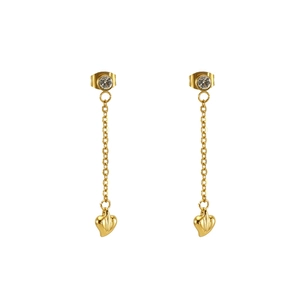 Detail of gold heart tassel earrings featuring sparkling zircon studs and long chain drops