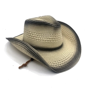 Western style straw cowboy hat with gradient edges and adjustable chin strap