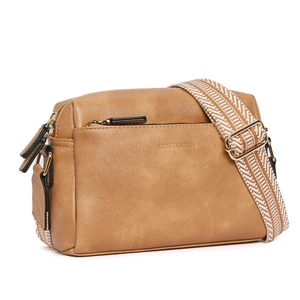 Detailed side view of brown leather crossbody bag with geometric striped shoulder strap