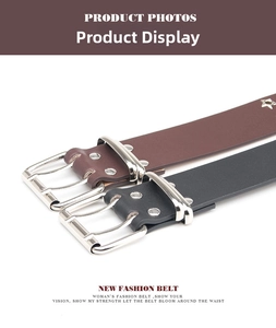 Close-up of black and brown leather belts featuring vintage silver metal double pin buckles