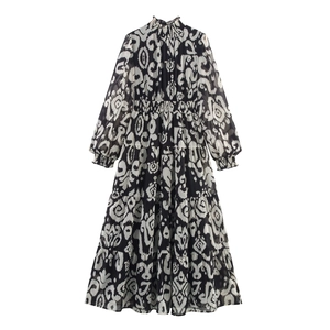 Maxi Dress Long Sleeve Chiffon Smocked Waist Mock Neck Bohemian Ethnic Abstract Print Vacation For Women
