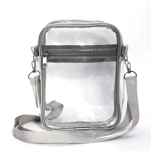 Close-up of transparent PVC shoulder bag with gray trim and adjustable strap details