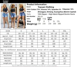 Tabella taglie con misure di vita, fianchi e lunghezza per pantaloncini in denim elasticizzato