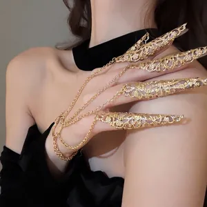 Gothic Alloy Hollow Flower Finger Armor Nail Claws Hand Chain Vintage Ethnic Style For Women Jewelry